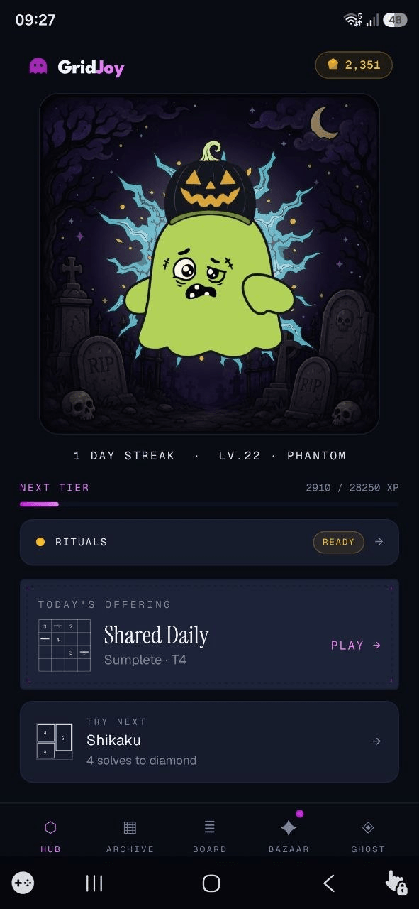 GridJoy home — your ghost companion and today's daily puzzle