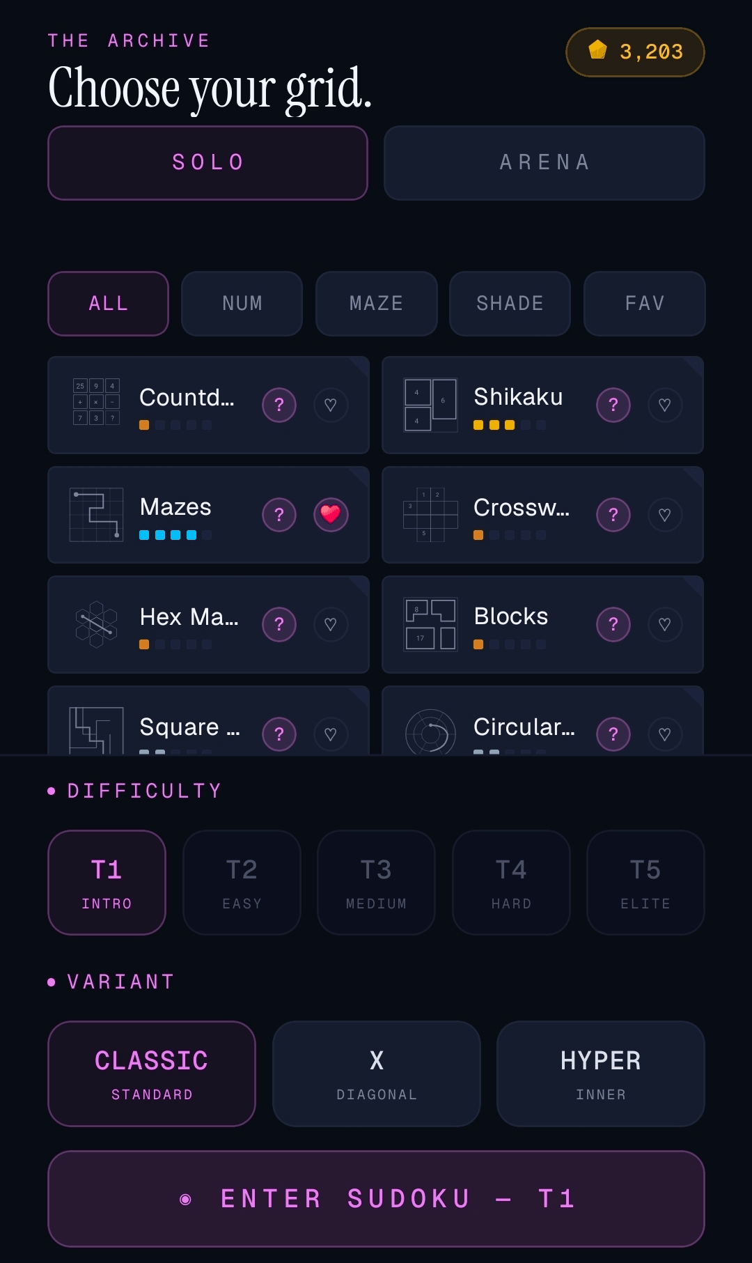18 number puzzle types — Sudoku, Kakuro, Calcudoku and more
