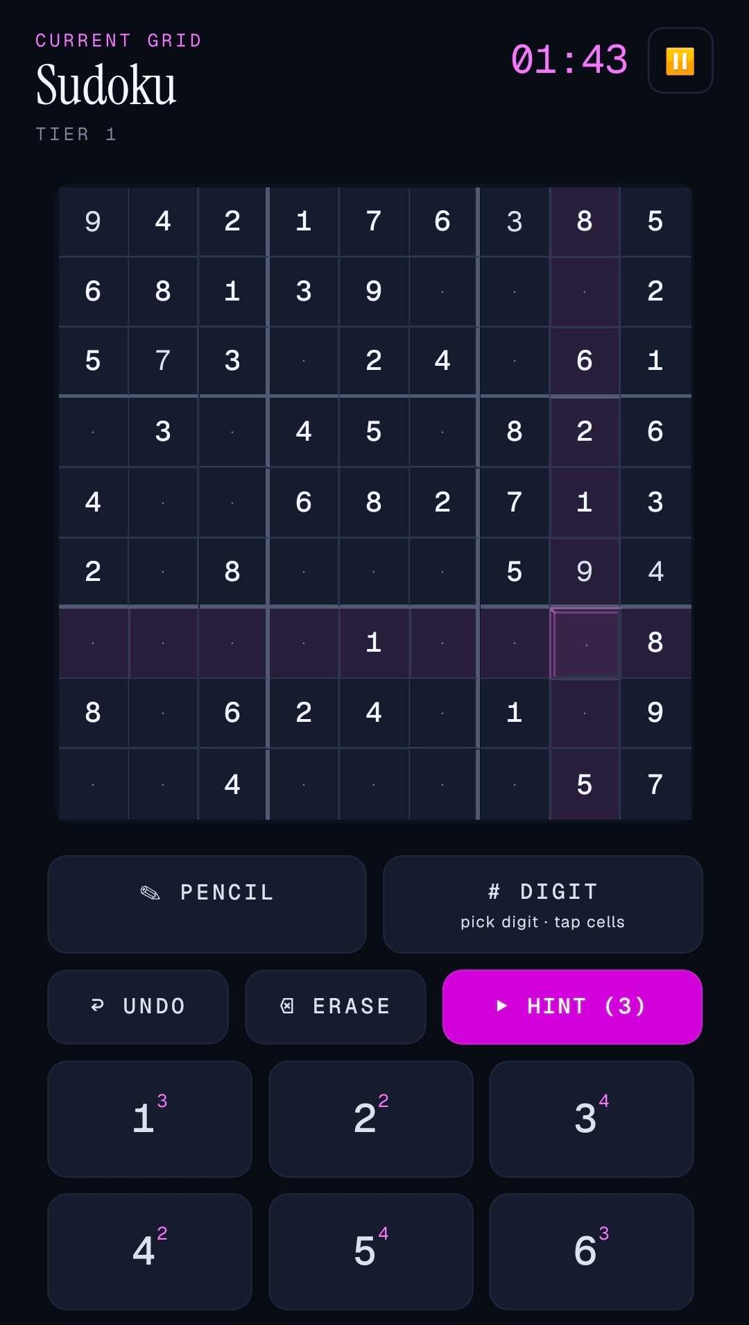 GridJoy Sudoku gameplay with live error highlighting and notes