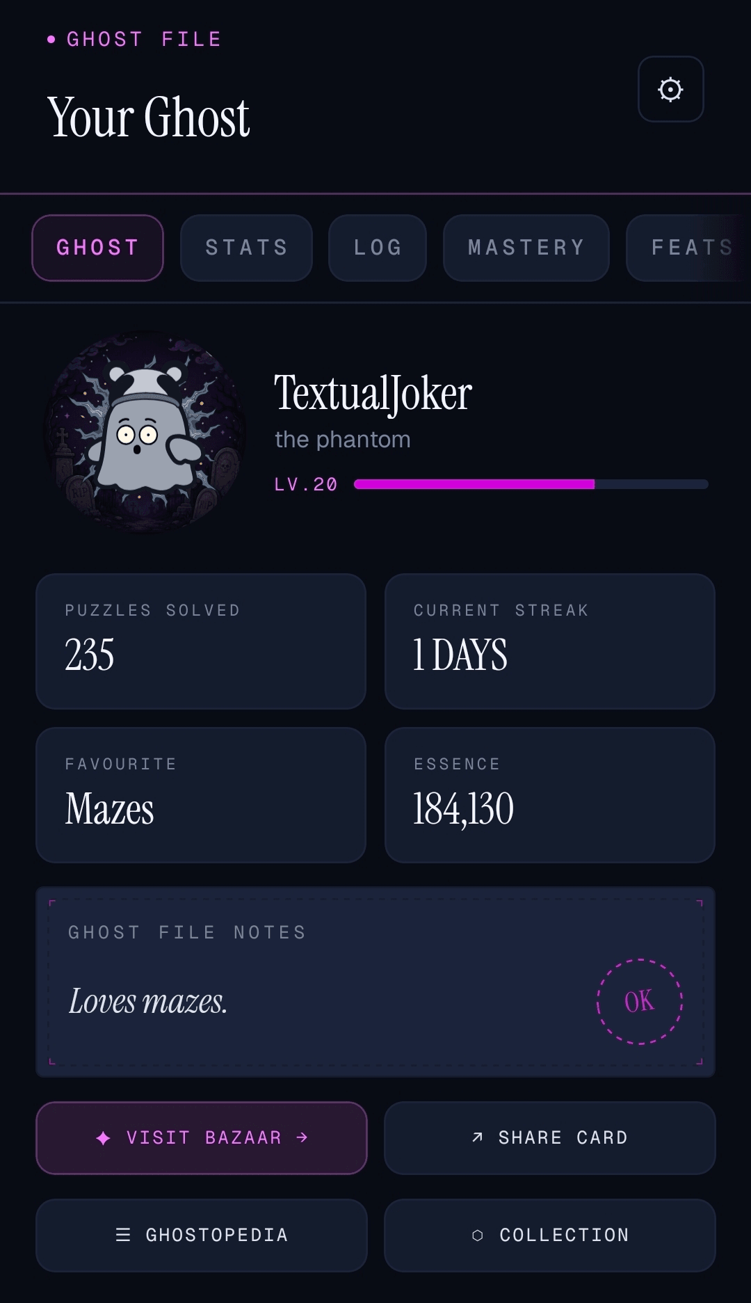 Your ghost profile — level, streak, mastery and Essence